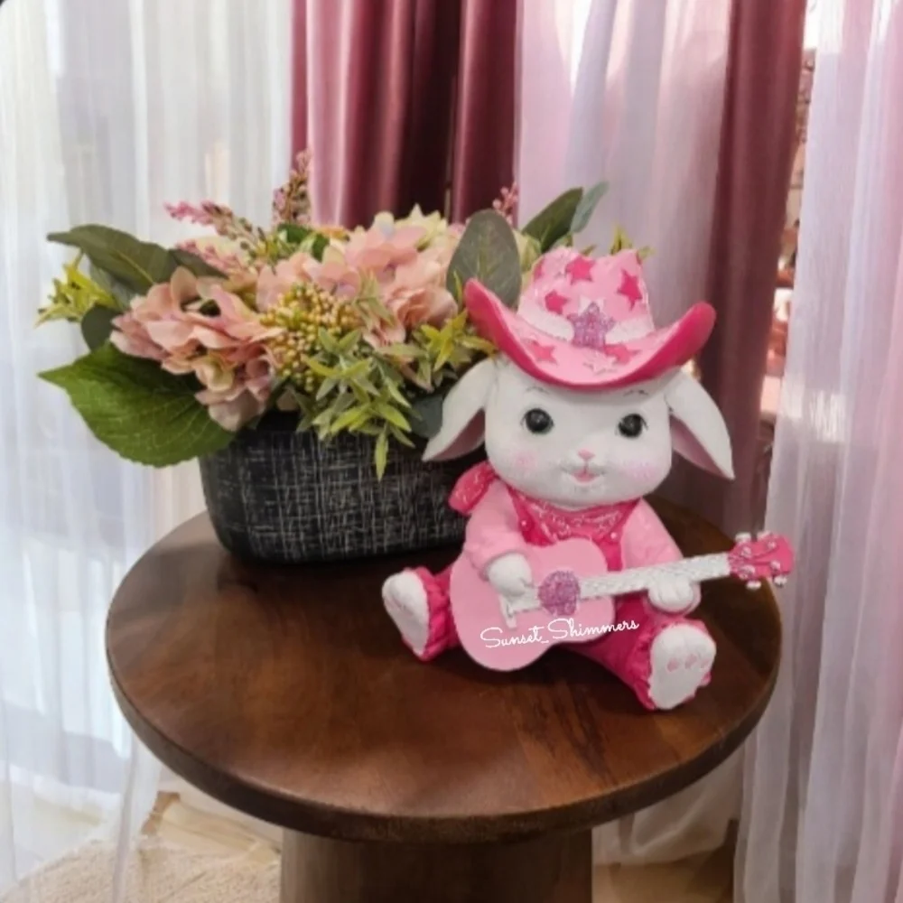 Easter Bunny Girl Sparkly Pink Cowboy Hat Overalls bandana Playing Guitar New
